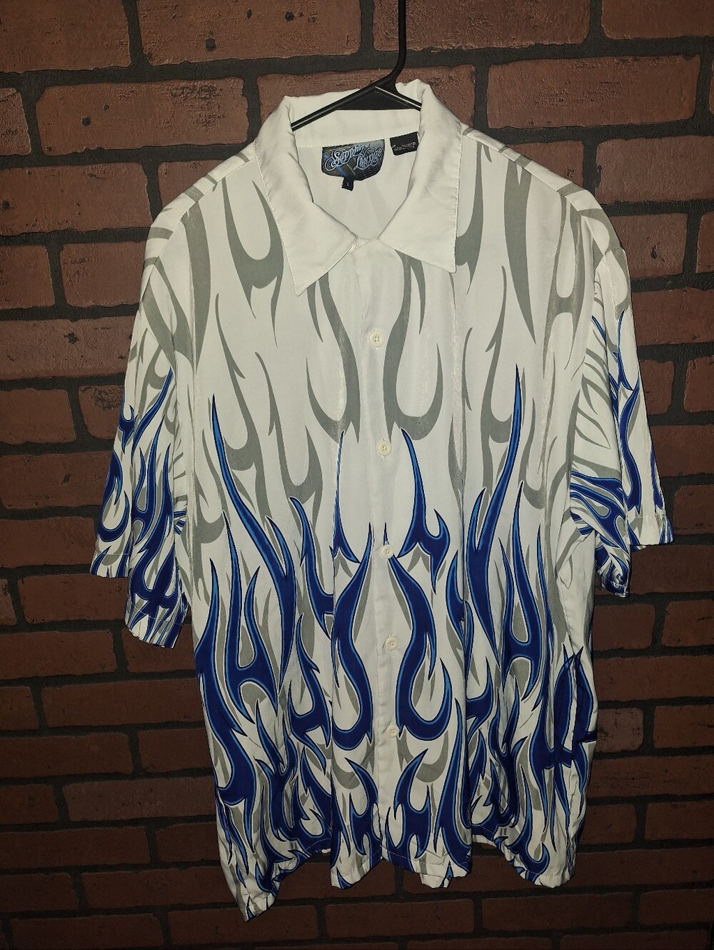 Vtg Sapphire Lounge Mens Shirt Size  Large White Blue Flame Button Up Y2K (B3P)